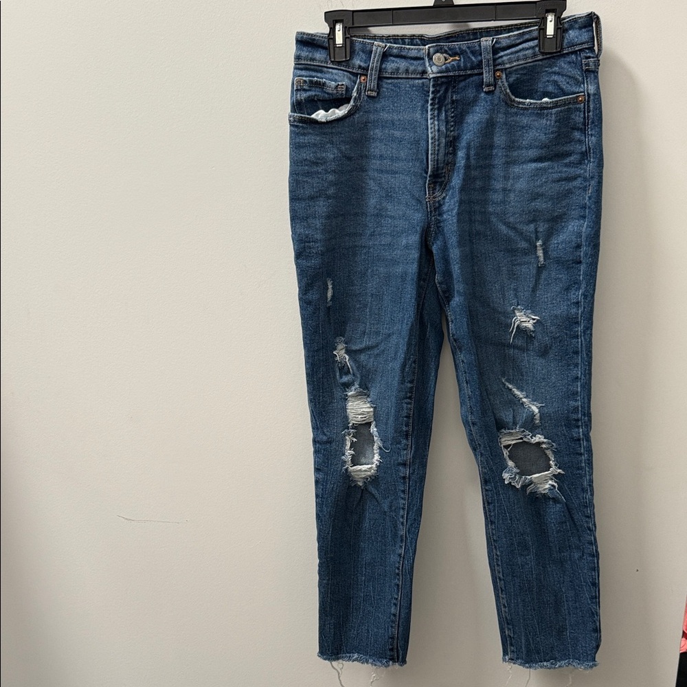 Old Navy OG Straight Distressed Ankle Jeans in Dark Blue